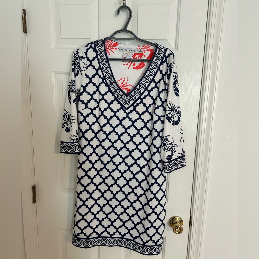 Navy & White Printed V-Neck Shift Dress